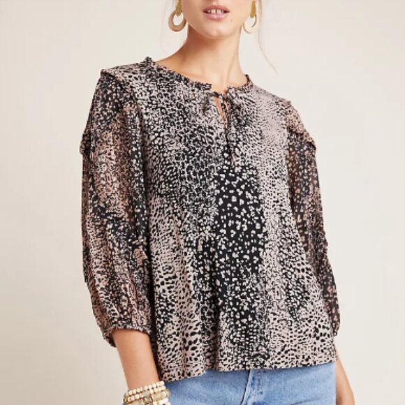 Anthropologie Maeve Jacquin Peasant Tan & Black Print Ruffle Blouse Size M EUC - Picture 2 of 11